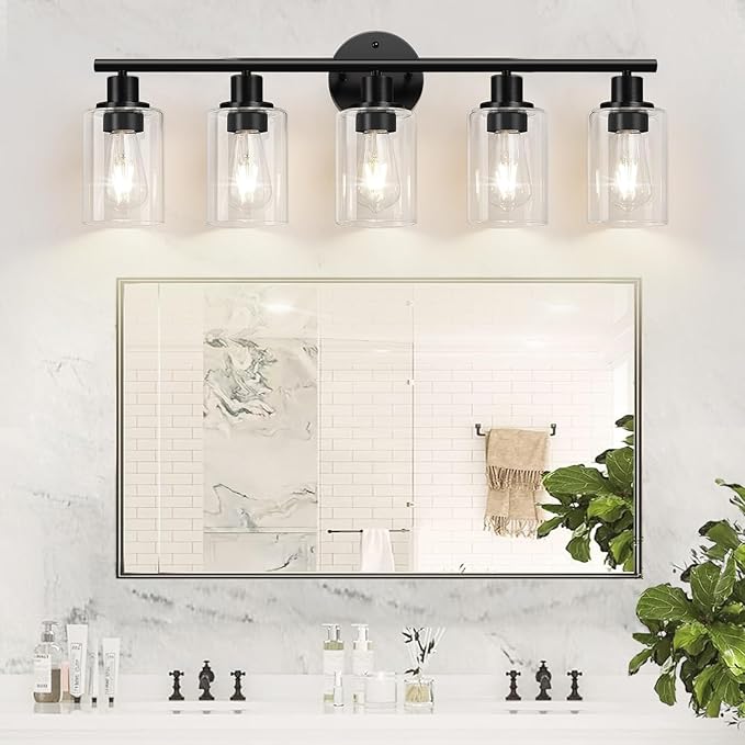 5-Light Bathroom Light Fixtures, Black Modern Vanity Lights with Clear Glass Shade, Bathroom Wall Lamp for Mirror Kitchen Living Room Hallway Cabinet Porch