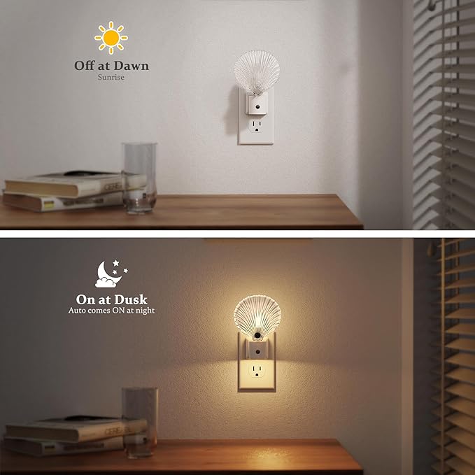 JandCase Night Light, Night Lights Plug into Wall, Dusk to Dawn Sensor Seashell Nightlights, 3000K Soft White Brightness Adjustable Nightlight for Kids Bedroom Hallway Kitchen