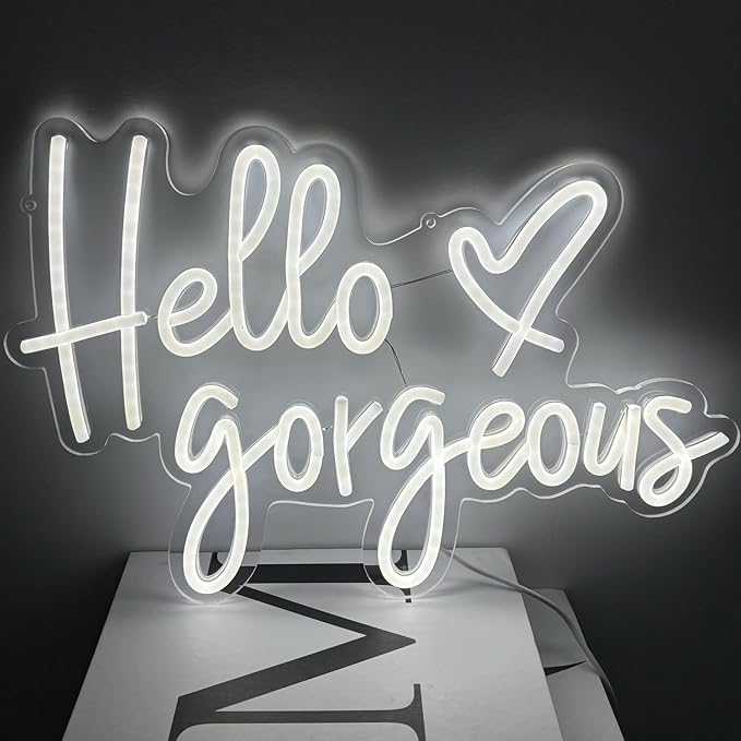 Hello Gorgeous Neon Sign,LED White Neon Hello Sign Decorative Art Lamp with Dimmable Switch Suitable for Home Wedding Birthday Backdrop Party,17x10In,Usb Powered(White Hello Gorgeous)