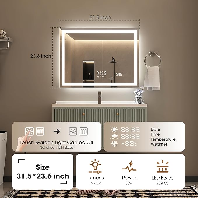 STARLEAD 24"x32" LED Bathroom Mirror with Built-in Clock, Dimmable Lighting, 3 Color Temperature, Anti-Fog, Touch Control Wall Mounted Vanity Mirror