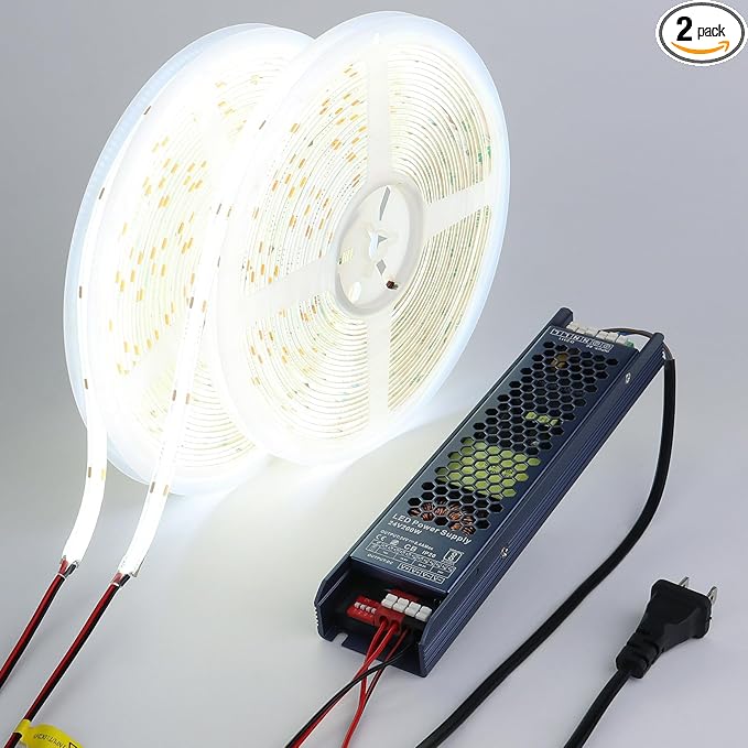 24V COB LED Strip Light Outdoor Waterproof 65.6ft (2 Rolls of 32.8ft), 6000K Cool White 11W/M 312LEDs/M CRI 93 LED Tape Light with Power Supply for Bedroom Courtyard Living Room Ceiling