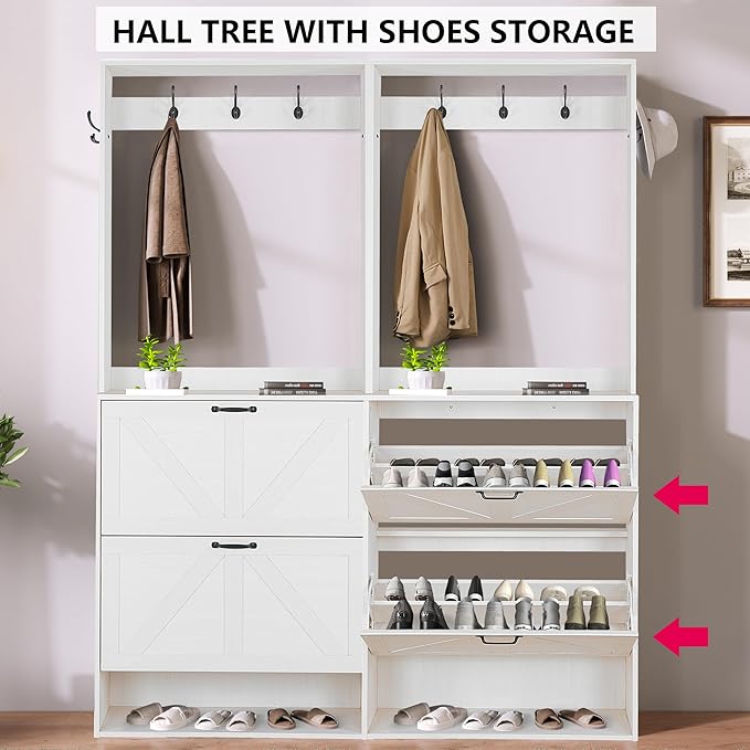 Betoko Hall Tree with Shoes Storage,Farmhouse Entryway Coat Rack Wooden Hallway Mudroom Tree Bench Corner Tree Cabinet with 5 Coat Hooks and 2 Shoes Cabinets and Open Shelf(Rustic White)
