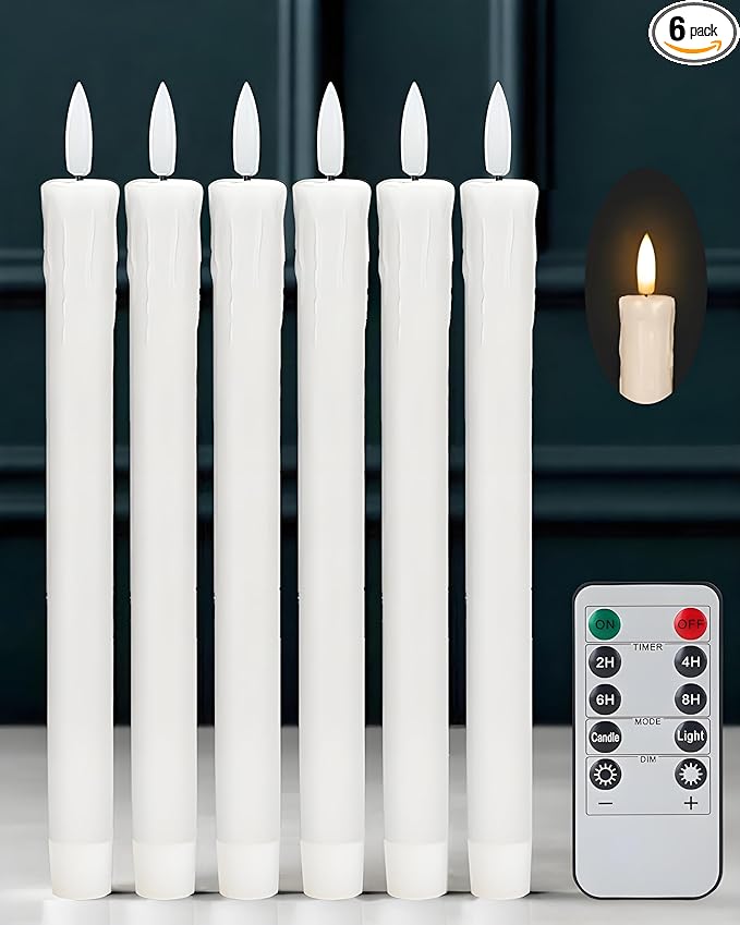 9.6" Flickering Flameless Taper Candles with Remote Timer, White LED CandleSticks, Box of 6 Long Battery Operated Candles for Window, Table, and Mantel Decor