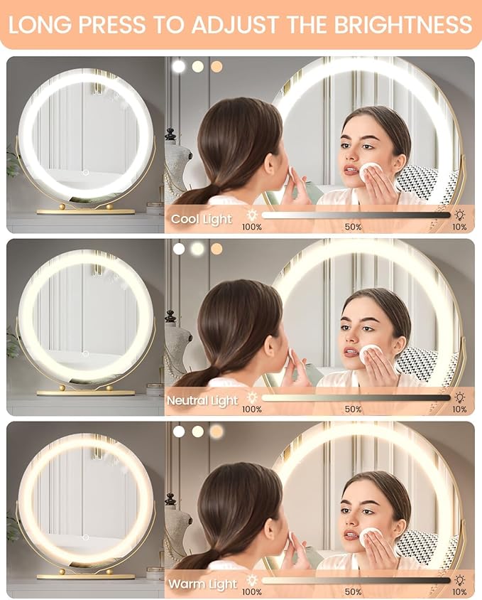 IDEALHOUSE 19 inch Makeup Mirror with Lights, Vanity Mirror with Smart Touch Control 3 Colors Dimmable Lights, 360°Rotation Gold Vanity Mirror for Bedroom, Tabletop and Desk Mirror