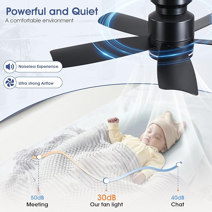 Ceiling Fans with Lights and Remote Control, 41 inch Low Profile Flush Mount Ceiling Fan, 3 CCT LED Dimmable Lights 5 Reversible Plastic Blades 6 Speeds for Bedroom Living Room, Black
