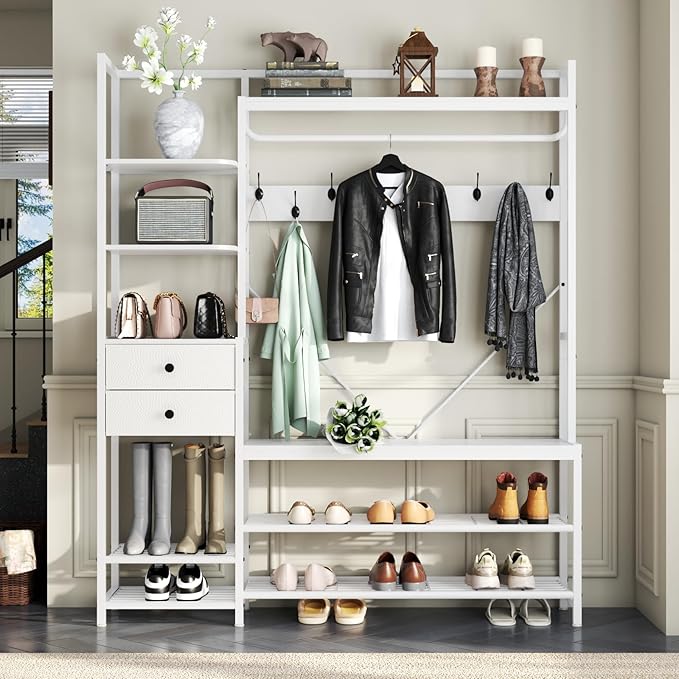 7-in-1 Hall Tree with Bench and Shoe Storage for Entryway, Entryway Bench with Coat Rack, Storage Shelves, Shoe Race, Coat Hooks and 2 Fabric Drawers for Hallway(White)