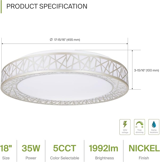 ASD 18 Inch LED Flush Mount Ceiling Light Fixture for Bedroom, 35W 1992LM 5CCT 2700K-5000K, Dimmable Lights, Dining, Living Room, Kitchen Lamps, Modern Home Lighting Fixtures, Nickel, ETL, 2 Pack