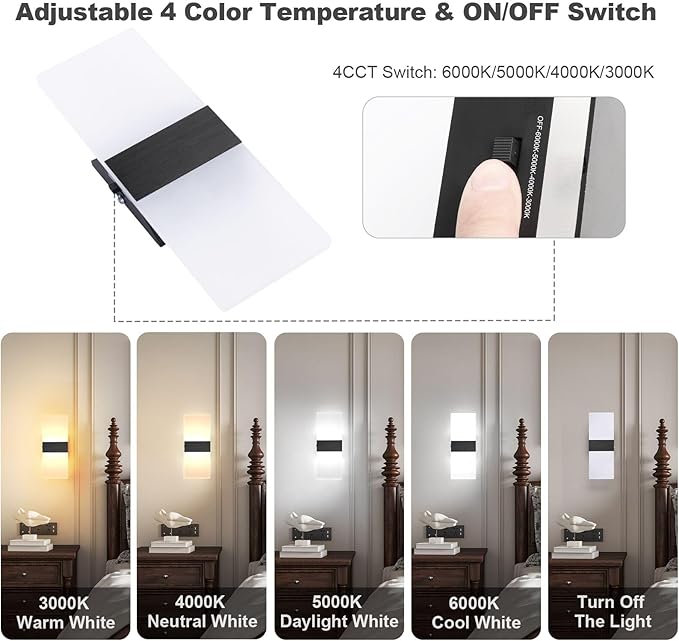 TRLIFE Dimmable LED Wall Sconces, 4 Color Temperature Modern Wall Sconce 12W Dimmable Wall Lights Set of 2 Wall Mounted Light for Bedroom Bedside Hallway Living Room Stairway(2 Pack, Black)