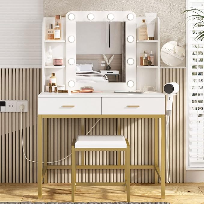 Vabches Vanity Desk with Mirror and 10 Led Lights, with Charging Station,Makeup Vanity Table Set with Lighted Mirror, with 3 Lighting Modes and 2 Drawers&Cushioned Stool for Bedroom