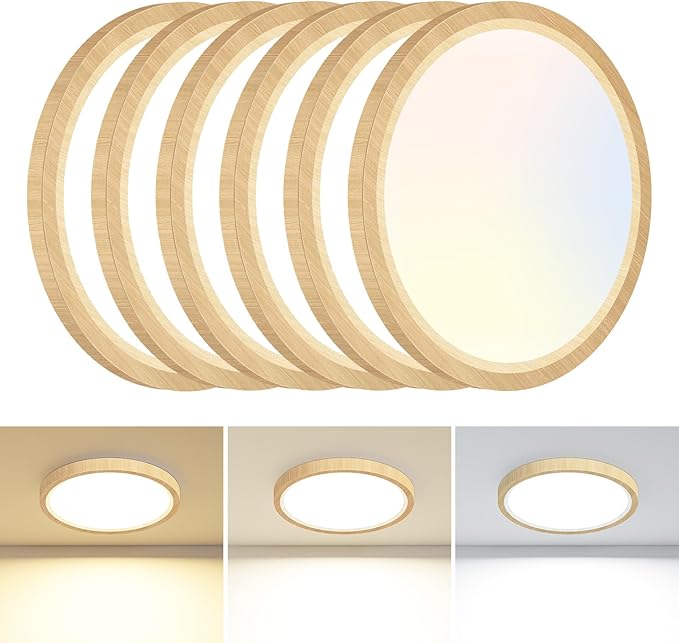 6PACK Flush Mount Ceiling Light Fixtures - 3000K-4000K-6500K & 100W Equivalent Flat Led Lights for Room Ceiling,7.5Inch Ultra Thin Round White Ceiling Lights for Bedroom,Kitchen,Bathroom (Wood
