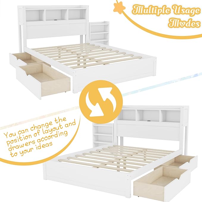 Kids Full Bed Frame with Drawers & Storage Headboard, Solid Wood Platform Bed with Pull-Out Cabinet, Built-in LED Light & Charging Station, No Box Spring Needed, White