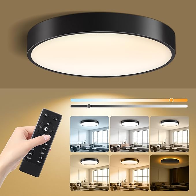 11 Inch Flush Mount Ceiling Light with Remote Control & Night Light, 5CCT Dimmable Ceiling Light Fixture, 20W 2000LM 2700K-6500K Adjustable LED Ceiling Lights for Bedroom Kitchen, Black