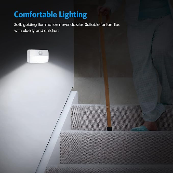 AMIR 6 Pack Mini Motion Sensor Stair Light for Indoor, Battery-Powered LED Night Light, 40 Lumen 6500K, Cordless Closet Lights, Safe Lights for Stairs, Hallway, Bathroom, Kitchen, Cabinet