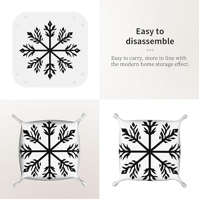 Snowflakes Simple Black Minimal Valet Tray Leather Desktop Storage Organizer Bedside for Jewelry Keys Coin Candy Sundries