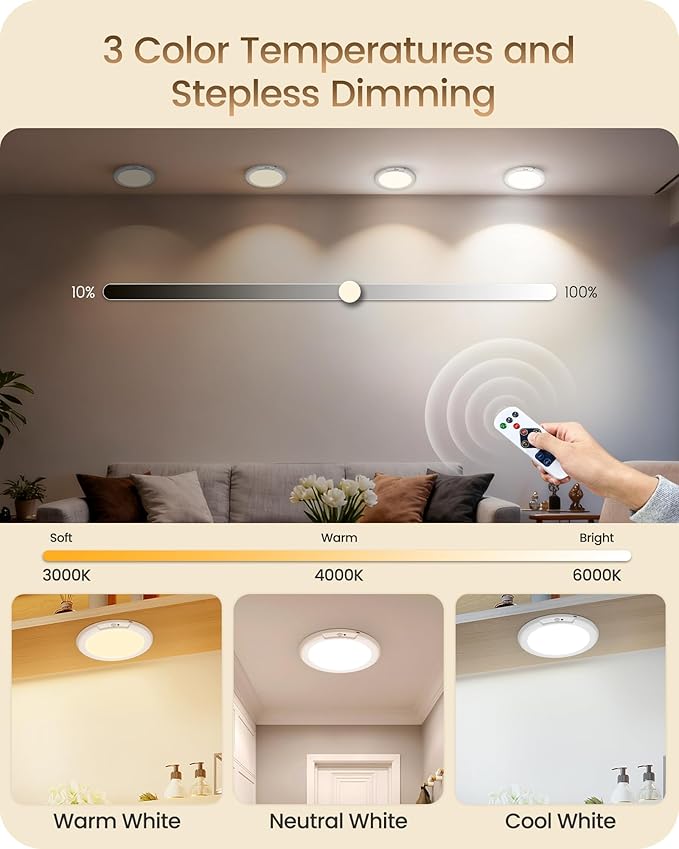 Rechargeable Motion Sensor Ceiling Light with Remote, Wireless Ceiling Light Battery Operated, No Wiring, Magnetic, Dimmable Shower Light, Timer, 3 Color 6000K, Rechargeable Light for Closet Hallway