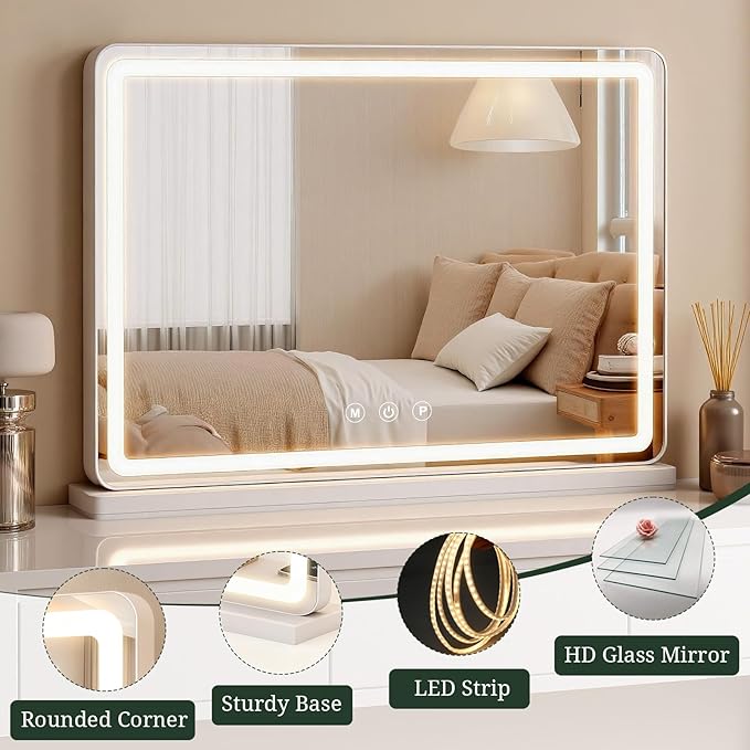 Vanity Mirror with Lights, LED Makeup Mirror with 3-Color Dimmable Lighting, Smart Touch Control, Memory Function, Tabletop Lighted Mirror for Bedroom, Dressing Room