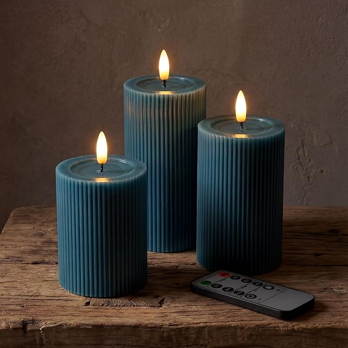 WYZworks Fluted Ribbed LED Pillar Candles, Blue, with Realistic Reflective Melted-Wax Effect – Flickering Flame, Remote, Dimmable, Flameless, Battery Operated, Home & Wedding Decor (Set of 3)