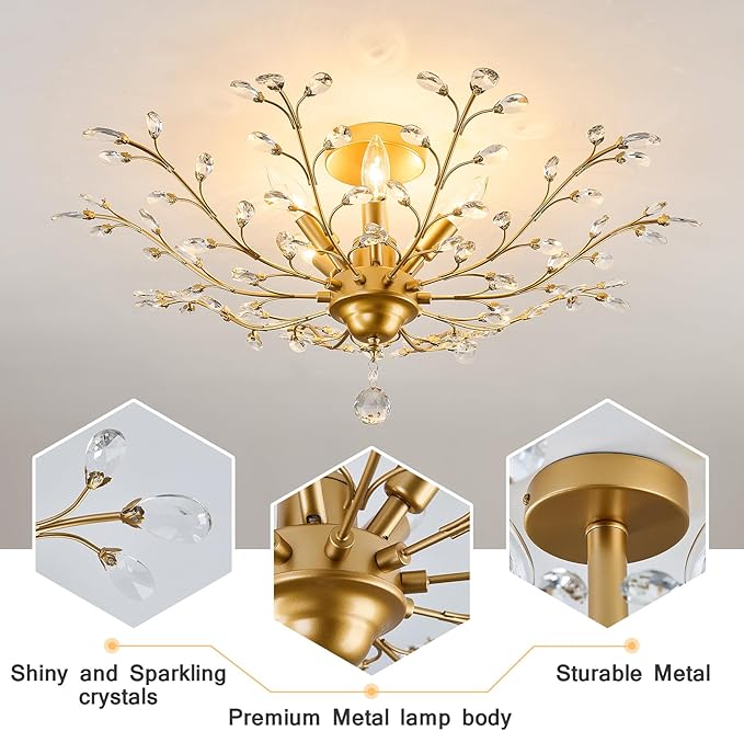 CVKASH 5-Light Vintage Small Crystal Chandelier Modern Brushed Gold Branche Ceiling Light Fixture Farmhouse for Kitchen Dining Room Living Room Bedroom Hallway Foyer