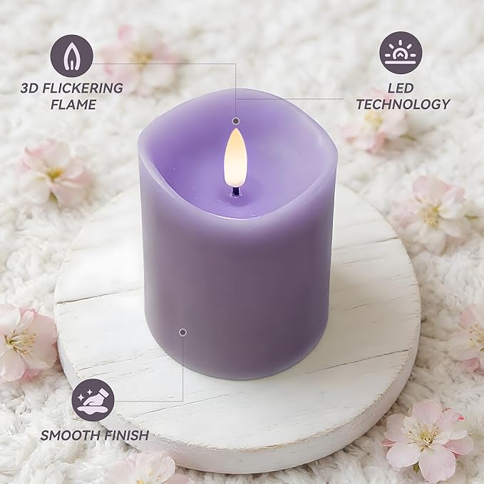 Purple Flameless Candles with Remote and Timer, Real Wax Made LED Pillar Candles Battery Operated with 3D Flickering Flame Melted Edge, 3" x 4",5",6", Set of 3 (Pastel Purple)