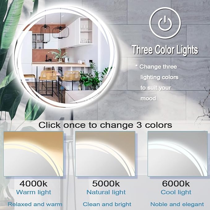 30 Inch Whirlwind Round LED Mirror with Backlit Round Lighted Vanity Mirror for Bathroom Wall Mounted 30 Inch LED Circle Mirrors with Lights Smart Memory 3 Color Dimmable AntiFog