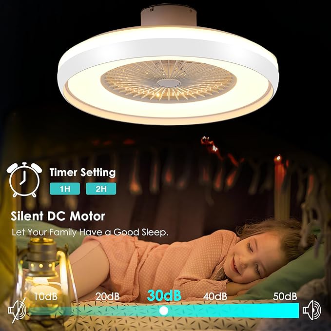 24" Bladeless Ceiling Fan with RGB Light Remote, Smart LED Ceiling Fans with Voice/App Control, Modern Low Profile Dimmable Light Ceiling Fan for Bedroom Living Room