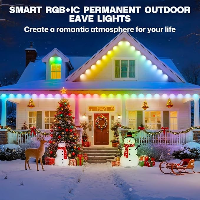 Permanent Outdoor Lights,100ft RGB + IC Smart LED Eaves Lights with App & Remote Control, IP67 Waterproof,for Christmas and All Holiday Decor,Daily and Accent Lighting,House Roof and Garden Lighting