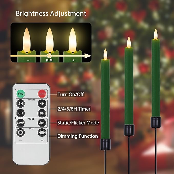 Green Flameless Taper Candles 9.6" Christmas LED Candles Real Wax with Remote Timer, Battery Operated LED Candles Set with 3D Flickering Flame, Classic Flickering Candlesticks for Home, Party, 3 Pack