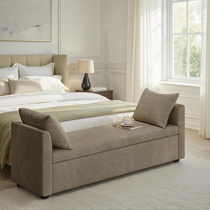 59.5" Modern Storage Ottoman Bedroom Bench, End of Bed Bench with Arms and Throw Pillows, Footrest Stool for Living Room, Dining Room, Entryway and Hallway, Brown