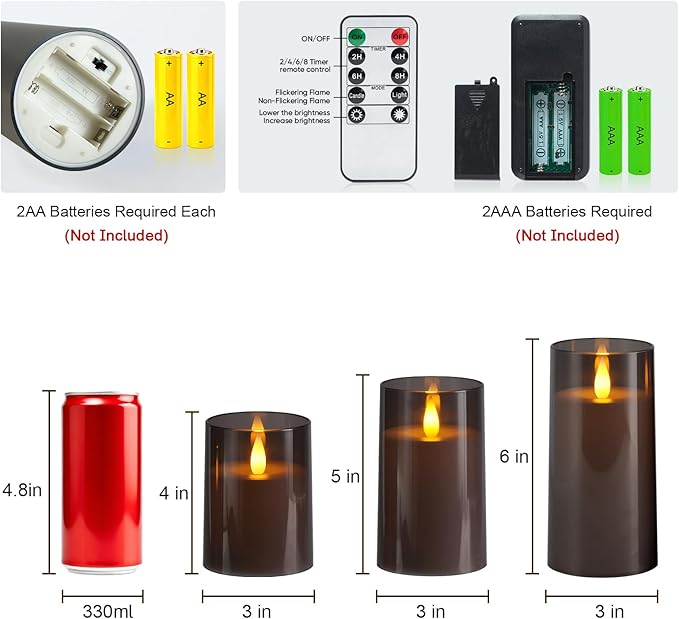 Raycare Flameless Electronic Pillar Candles with Remote Control and Timer- Battery Operated Realistic Flickering LED Fake Candle for Home, Wedding, Valentine's Day Decor, Grey,Set of 3(3"x4"5" 6")