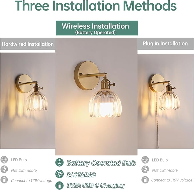 Vintage Battery Operated Wall Sconce with Transparent Tulip Glass Lampshade Rechargeable Battery Powered Wall Light with Remote Control for Bedside Bedroom Doorway, Set of 2