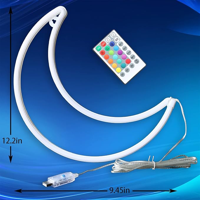 LED RGB Moon Neon Light, Cute 16 Color Change Neon Moon Sign, Room Decor USB Powered 5V Art LED Decorative Lights Night Lights Indoor for Home, Bedroom, Office,Dorm,Party
