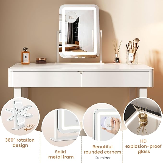 Dripex 5-in-1 Lighted Vanity Mirror with Bluetooth Speaker & Type-C Charging, 15"x12" LED Makeup Mirror with Lights 3 Colors Dimmable, Phone Holder Touch Keys 10X Magnification