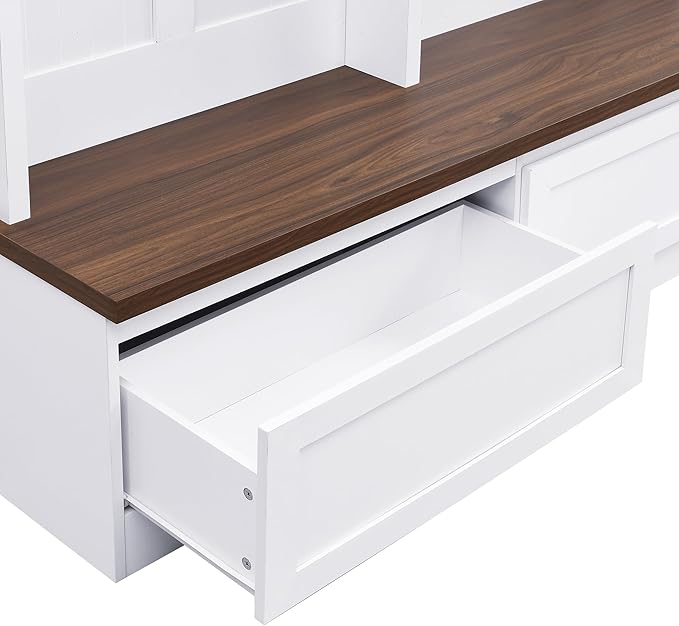 LUMISOL Farmhouse Hall Tree with Storage Bench for Entryway, 4-in-1 Hallway Coat Rack with 6 Hanging Hooks, Shoe Cabinet with Open Compartments and 2 Large Drawer, for Mudroom, White