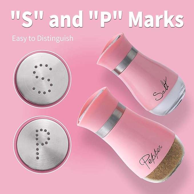 Lonffery Salt and Pepper Shakers Set - Salt Containers for Gifts, Kitchen Decor, Home, RV, Camp, BBQ, 4 oz Farmhouse Spice Dispenser with Glass Bottom, Pink, Set of 2