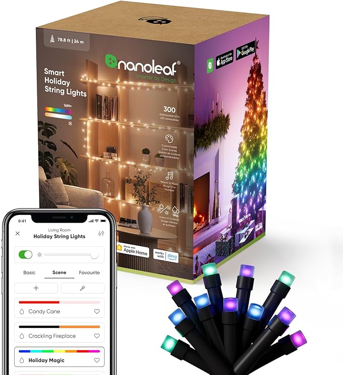 Nanoleaf Smart String Lights, 300 LED RGBW Indoor Christmas Lights, Matter Bluetooth & WiFi Multicolor LED Lights, App & Voice Control, Works with Apple Home, Google Home