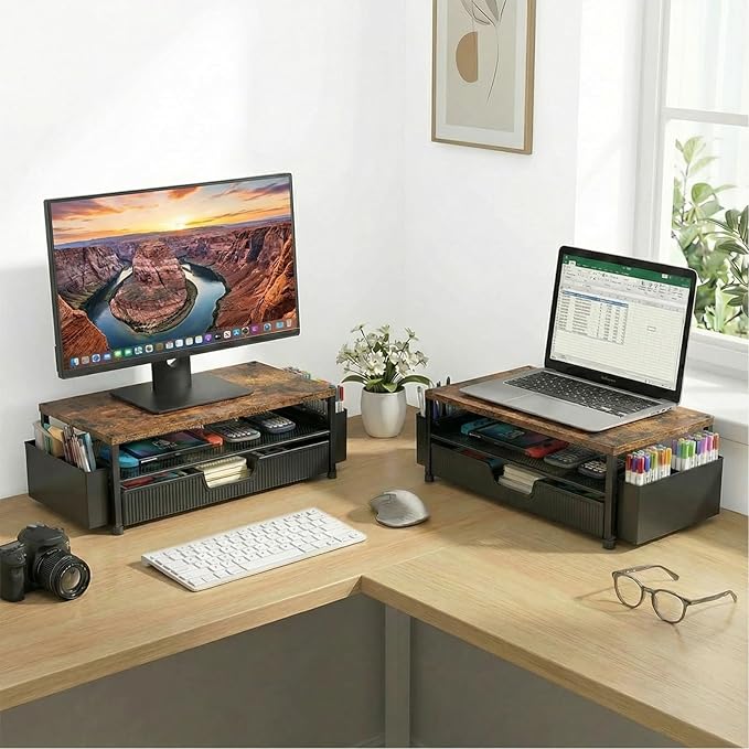 Desk Organizer and Accessories, 2-Tier Computer Monitor Stand Rise with Storage Drawer & 2 Pen Holders, Laptop & Printer Stand for Desktop, Workspace Organizers for Office Supplies (Brown)
