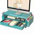 Desk Organizer and Accessories, 2-Tier Computer Monitor Stand Rise with Storage Drawer & 2 Pen Holders, Laptop & Printer Stand for Desktop, Workspace Organizers for Office Supplies (Blue)