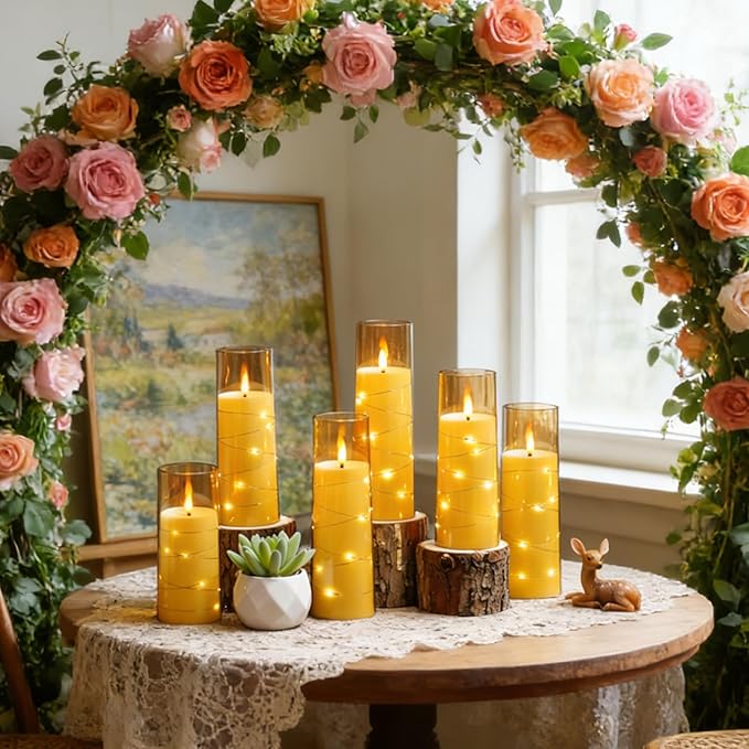 Flickering Flameless LED Candles,Battery Operated Candles 24 Pcs with Embedded Star String,Acrylic LED Pillar Candles with Remote,Suitable for Home Decoration to Create an Atmosphere (Gold)