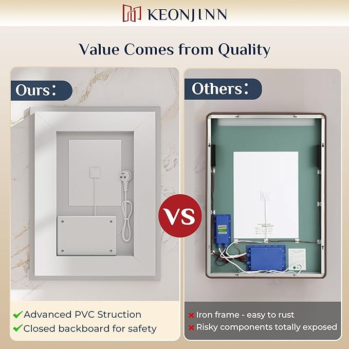 Keonjinn 36" x 36" Square Bathroom Mirror with Lights, Frontlit & Backlit LED Mirror, Safe Tempered Glass, 3 Color Lights, Dimmable, Defogging, Smart Bathroom Vanity Mirror for Wall