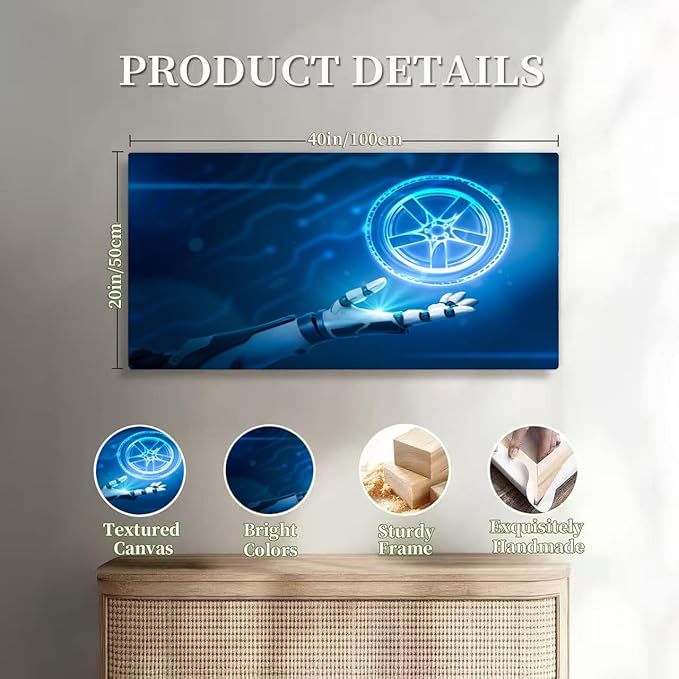 Wibinuki Wall Art Wall Decor Wall Paintings Robotic hand car wheel tyre on neon blue for Living Room Bedroom Bathroom Home Decor Can Be Hung Directly 20"x 40"