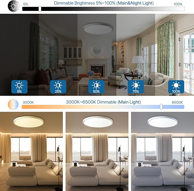 2Pack Dimmable LED Flush Mount Ceiling Light Fixture with Remote Control, 24W 2400LM, 12Inch, 2000K Warm Night Light & 3000K-6500K, Modern Super Slim Ceiling Lamp for Bedroom Kitchen, White