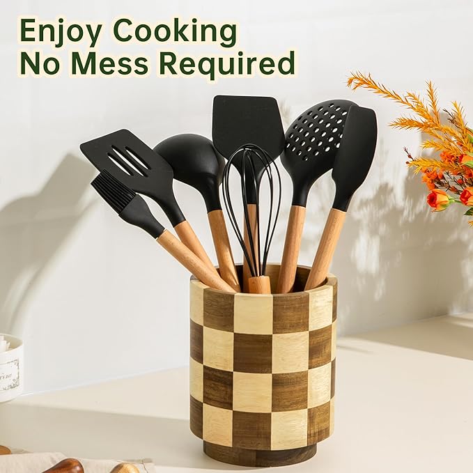 Wooden Utensil Holder, 360° Rotating Acacia Wood Kitchen Utensil Holder for Countertop, 7.2" Non-Slip Large Utensil Holder for Kitchen, Farmhouse Countertop Decor, Spatula Holders, Checkered
