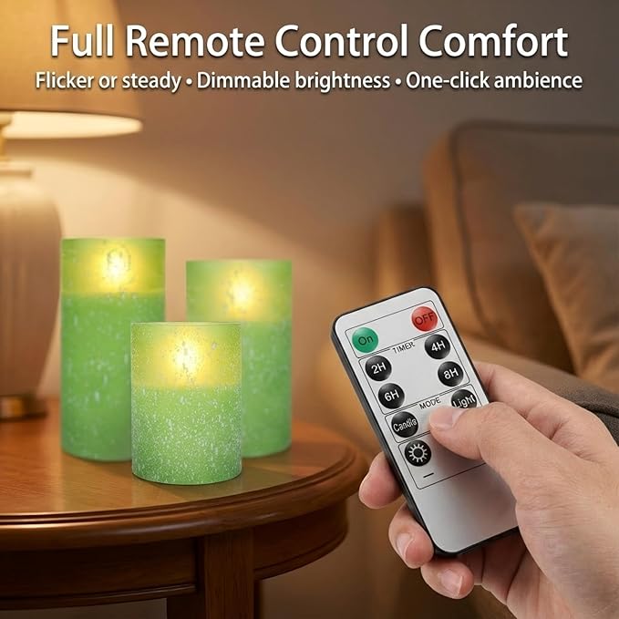 Green Flameless Candles with Remote, Glass Flickering Battery Operated LED Pillar Candles with Timer, Real Wax, Set of 3 x4/5"/6"