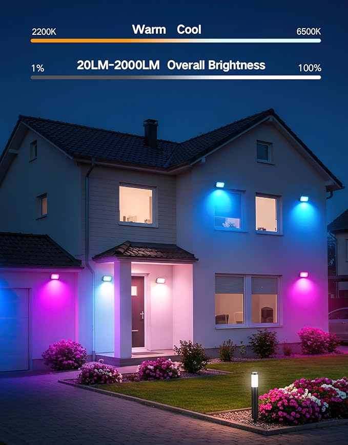 OUTON LED Flood Light Outdoor, 24W Smart RGBAICW Landscape Lighting with APP, Remote & Voice Control, 16 Million Colors, 2700K-6500K, IP65 Waterproof Uplights for Garden Party Stage, 4 Pack