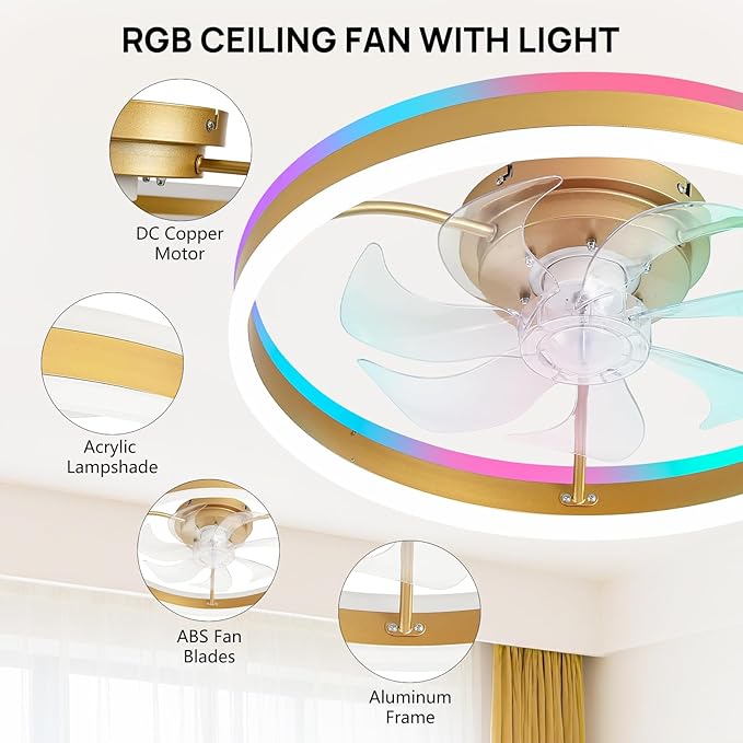 RGB Ceiling Fans with Lights, 20" Fandelier Low Profile Ceiling Fan with Light, Modern Flush Mount Ceiling Fan Light with Remote/APP Control, Bedroom Chandelier Fan Fixture for Indoor(Gold)