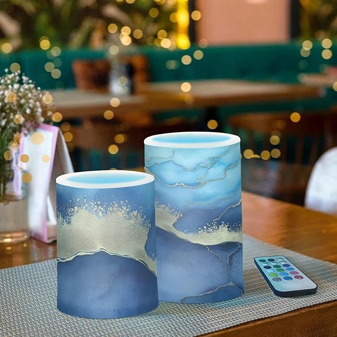 YETTASBIN Blue Marble Flameless Candles with Remote Control and Timer, Adjustable Brightness Long Lasting Battery Operated LED Pillar Candles for Indoor Outdoor Party Holiday Home Decor, 2 Pack