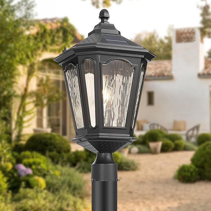 Black Solar Outdoor Post Light Fixture 21 inches Large Dusk to Dawn LED Pole Lamp Waterproof Exterior Pillar Lantern Post Lighting Remote Control for Pathway Garden Patio Gargae