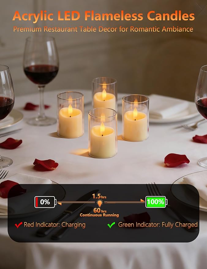Rechargeable Acrylic Flameless LED Candles with Timer Control, Long Lasting Electric Tealights, Flickering Warm Glow Votive Candles for Holiday & Daily Decoration, (Set of 6, White)