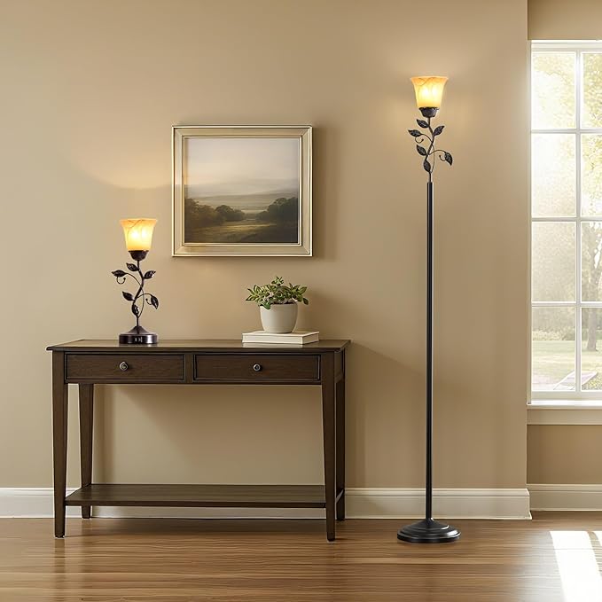 RORIANO 72” Flower Farmhouse Floor Lamp for Living Room, Unique Rustic Leaf Tall Standing Lamp with Amber Glass Shade and Traditional Foot Switch for Bedroom, Corner, Office, Bulb Included (Bronze)