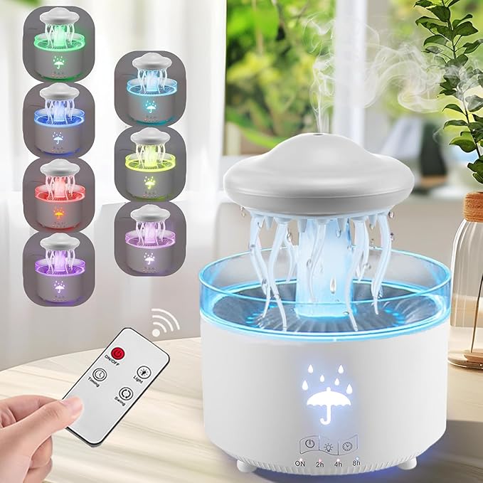 Rain Cloud Humidifier Water Drip, 300ML Rotating Jellyfish Aroma Diffuser with Remote &Timer, 7 Colors Mood Light Air Humidifier Raindrop Humidifiers for Bedroom Desk Funny Gift (White)
